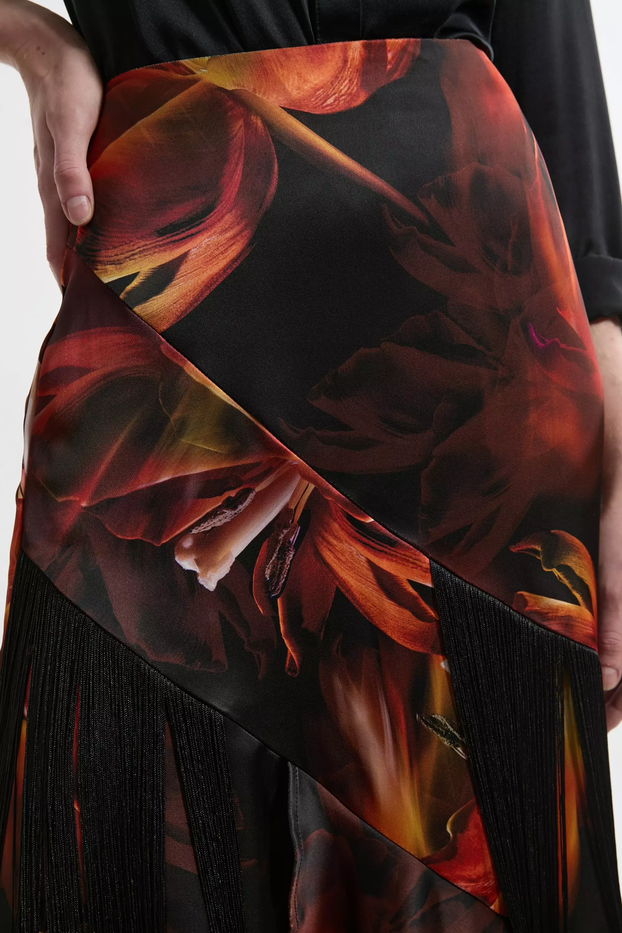 Floral Heavy Satin Panelled Fringed Woven Maxi Skirt Karen Millen