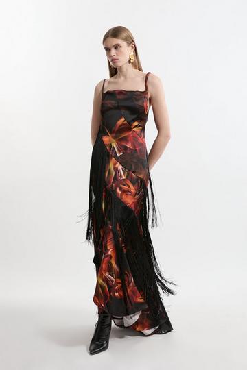 Multi Floral Heavy Satin Panelled Fringed Woven Strappy Maxi Dress