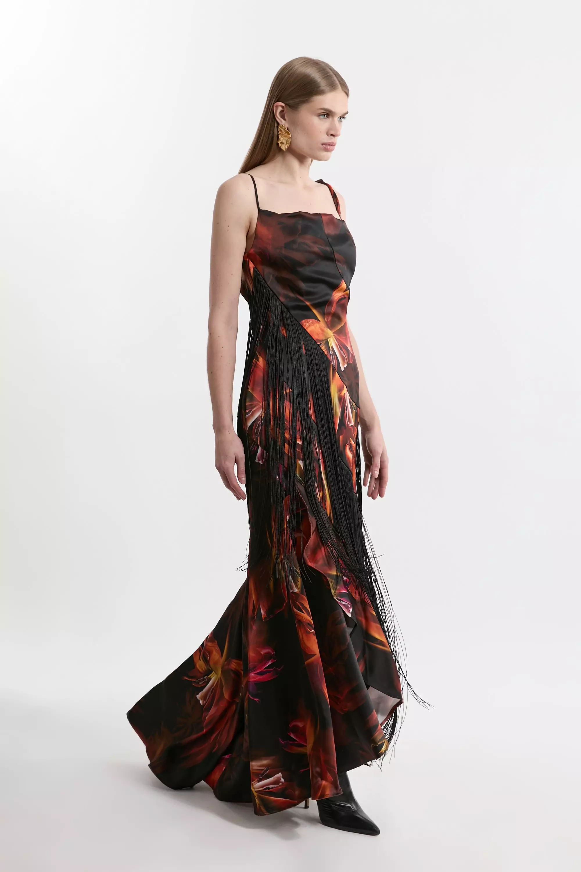 ★Karen Millen バンデージニットｘシフォン袖 魅惑的マキシ★ Floral Heavy Satin Panelled Fringed Woven Strappy Maxi Dress