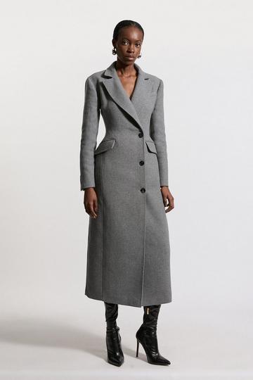 Grey Italian Wool Mix Tailored Fitted Maxi Coat