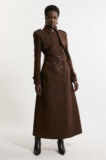 Italian Wool Tailored Belted Trench Maxi Coat chocolate