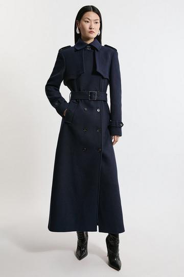 Navy Italian Wool Tailored Belted Trench Maxi Coat