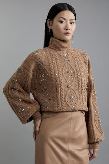 Camel Beige Wool Blend Embellished Cable Knit Sweater