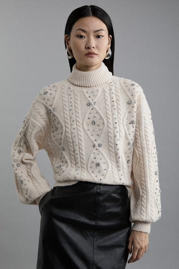 Wool Blend Embellished Cable Knit Jumper cream