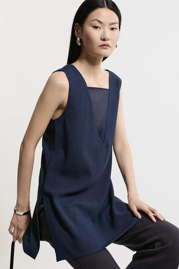 Petite Satin Back Crepe Deep V Woven Tunic navy