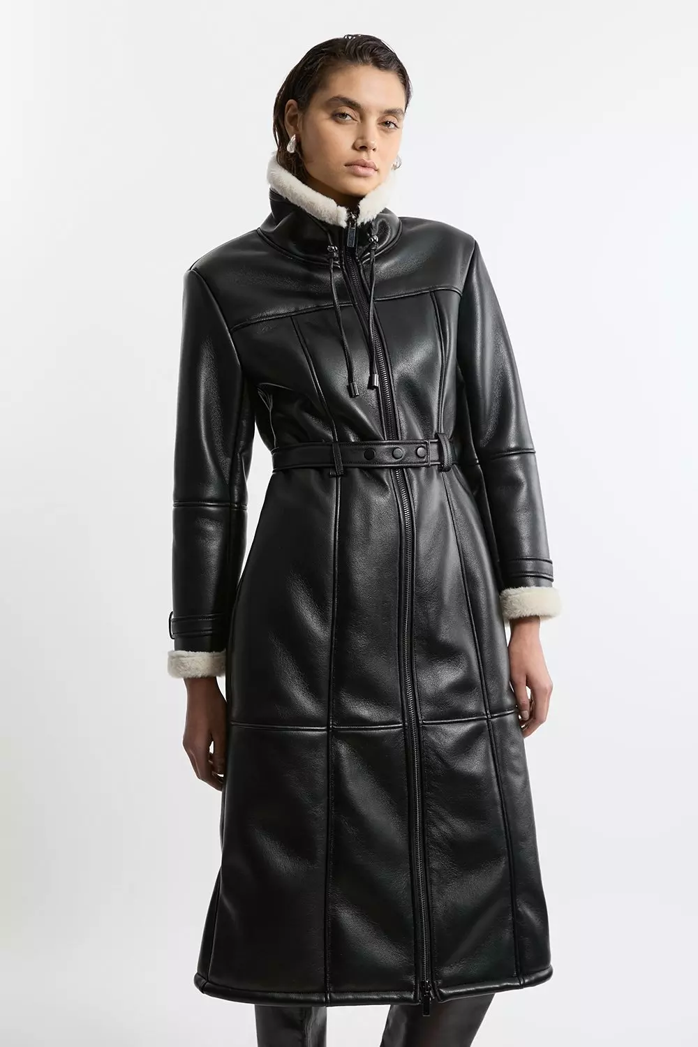 Mono Faux Shearling Aviator Longline Coat  alternative image