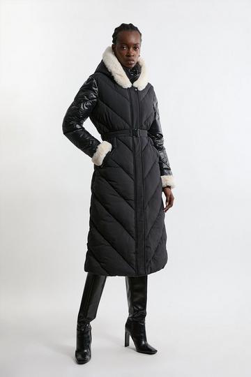 Quilted Hooded Longline Belted Coat black