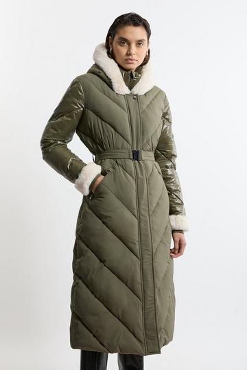 Quilted Hooded Longline Belted Coat khaki