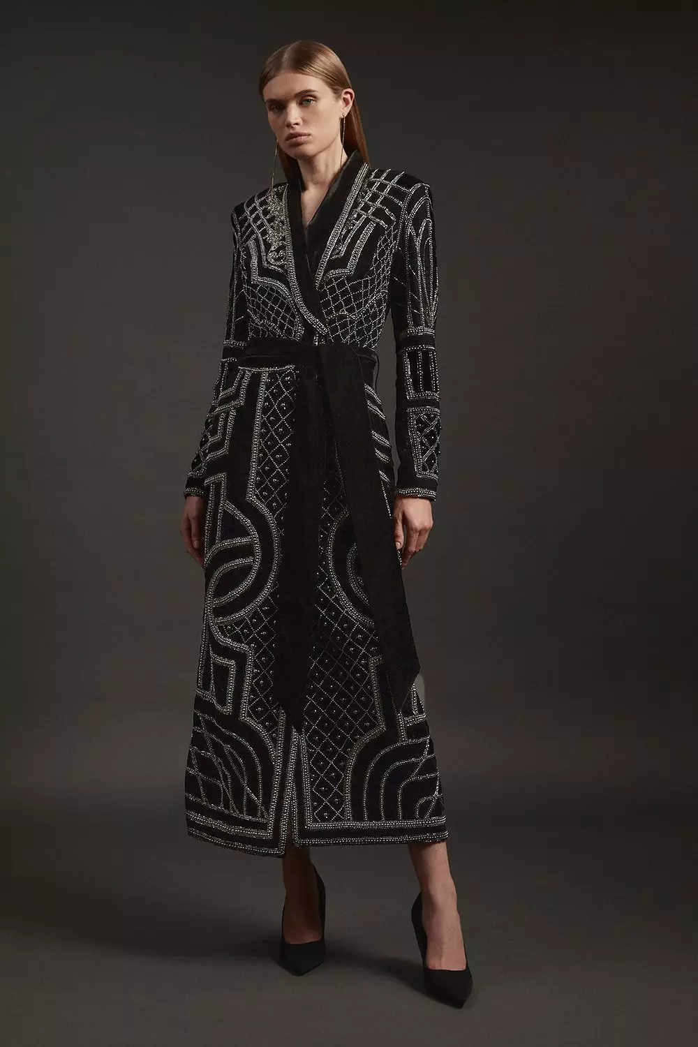 Black Velvet Embellished Woven Maxi Blazer Dress  alternative image