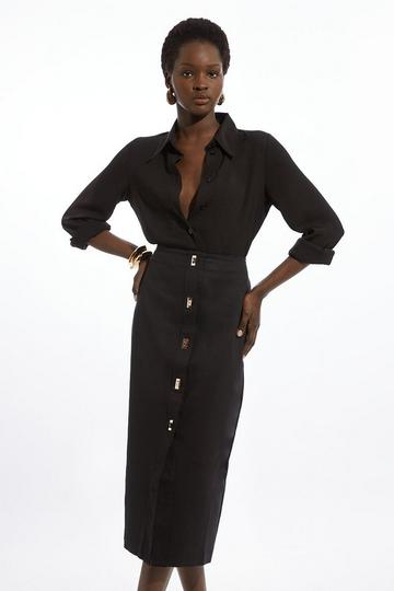 Black Techno Cotton Woven Hardwear Detail Midi Skirt