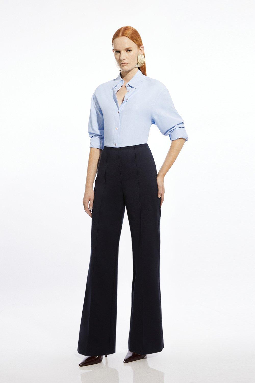 Navy Techno Cotton Pintuck  Woven Wide Leg Trouser