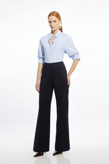 Navy Techno Cotton Pintuck Woven Wide Leg Pants