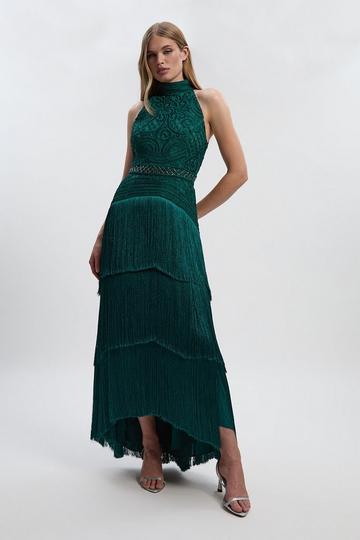 Fringed Beaded Halter Neck Woven Maxi Dress dark green