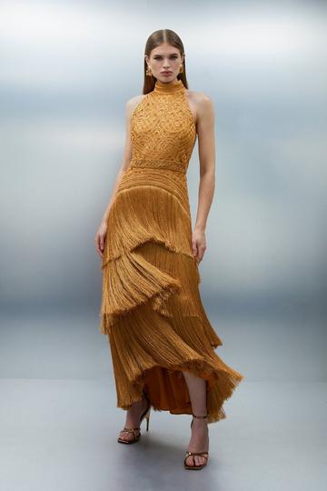 Gold Metallic Fringed Beaded Halter Neck Woven Maxi Dress