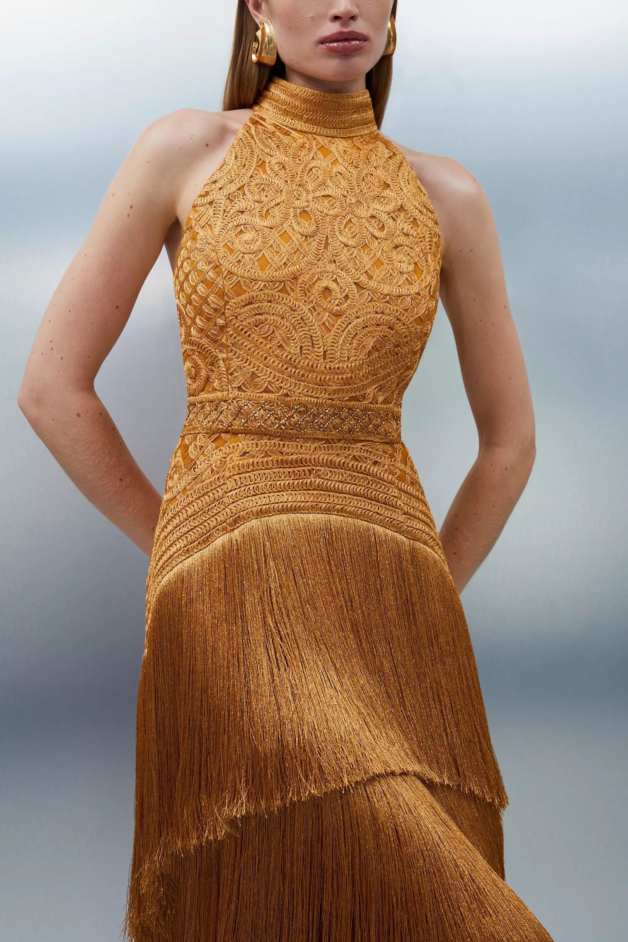 Fringed Beaded Halter Neck Woven Maxi Dress | Karen Millen