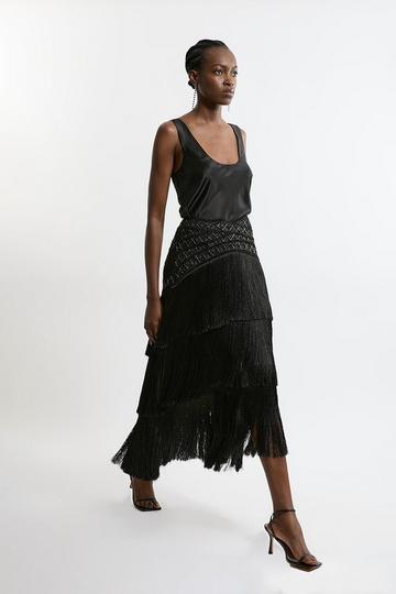 Black Fringe And Beaded Woven Skirt