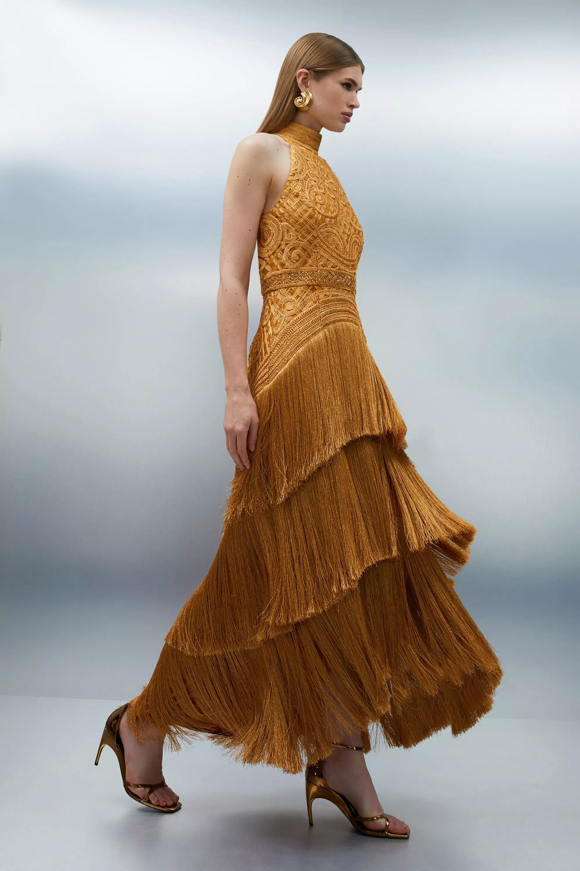 KAREN MILLEN* ビーズ レイヤード フリンジ ミディ ドレス ◇KAREN MILLEN◇ ビーズ レイヤード フリンジ ミディ ドレス
