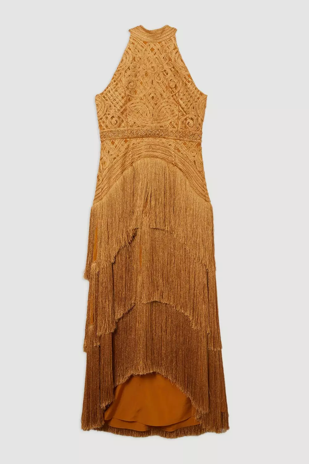 Petite Fringed Beaded Halter Neck Woven Maxi Dress | Karen