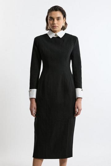 Brushed Tailored Jersey Long Sleeve Scuba Midi Dress black