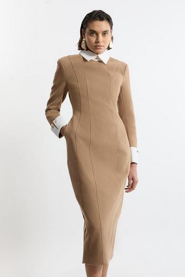 Brushed Tailored Jersey Long Sleeve Scuba Midi Dress camel