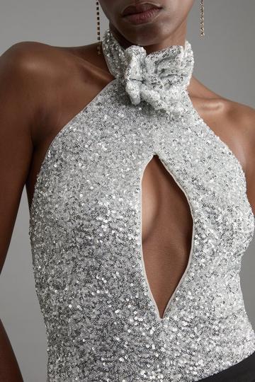 Highneck Backless Rosette Sequin Bodysuit silver