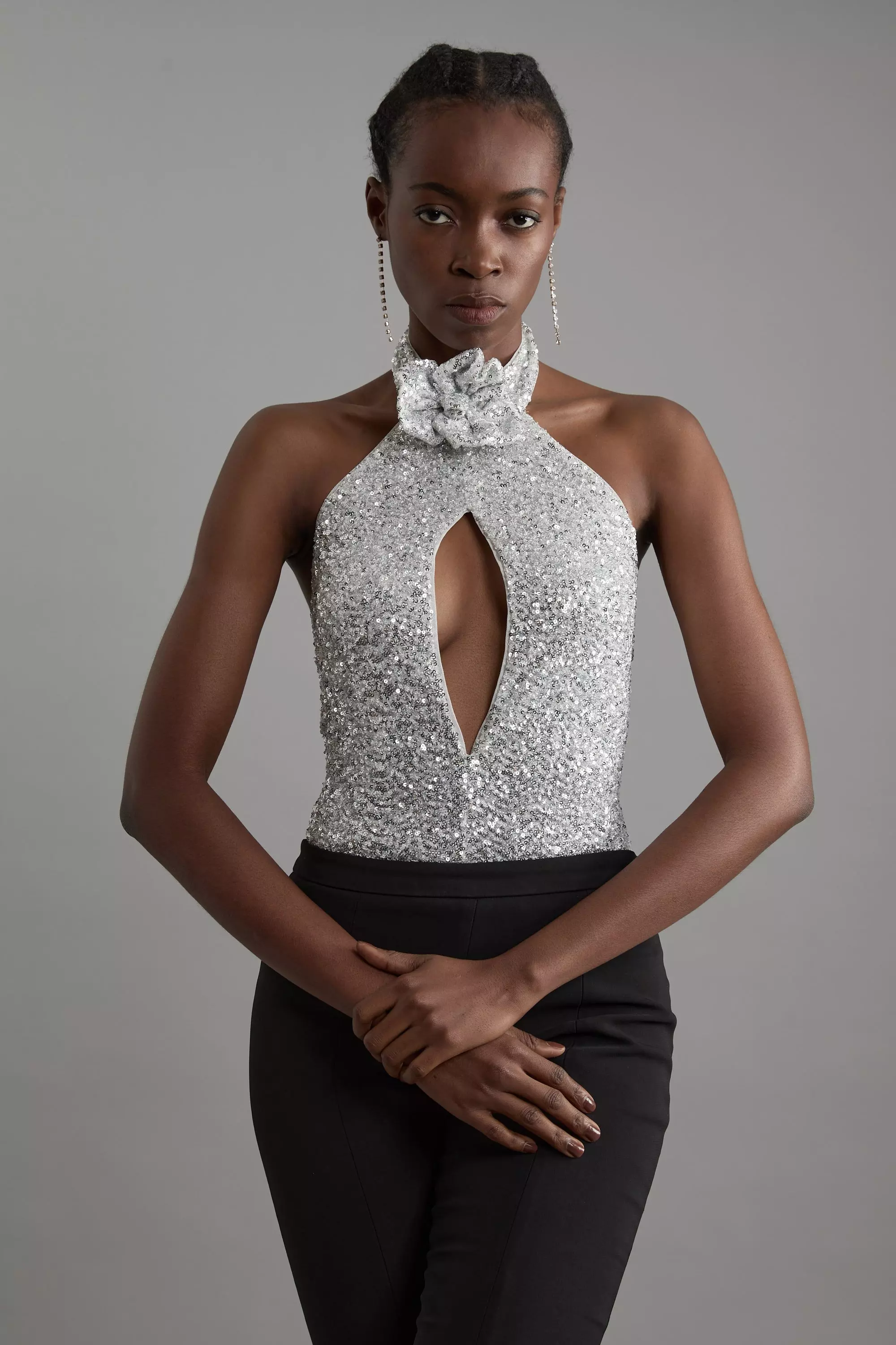 Highneck Backless Rosette Sequin Bodysuit | Karen Millen