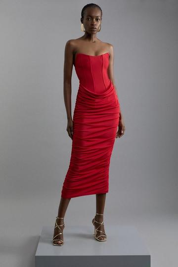 Red Premium Viscose Jersey Corset Midi Dress