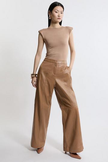 Mid Rise Wide Leg Leather Trousers camel