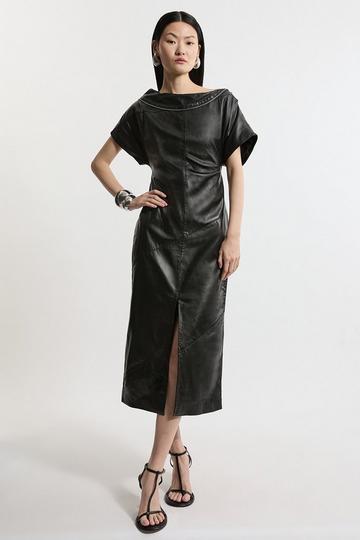 Black Asymmetric Neck Tailored Leather Midi Dress