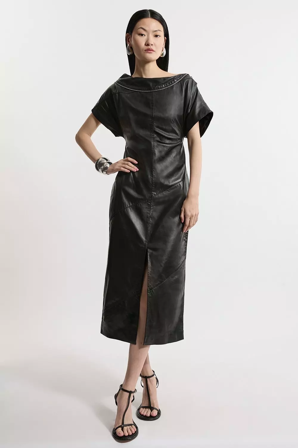 Black leather midi dress on sale