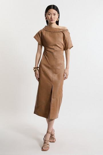 Asymmetric Neck Tailored Leather Midi Dress camel