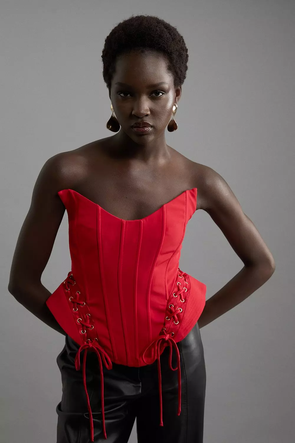 Premium Viscose Jersey Corset Ribbed Detail Top | Karen Millen