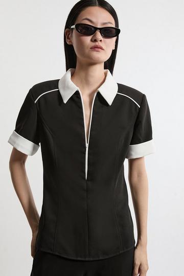 Black Twill Strong Shoulder Woven Top