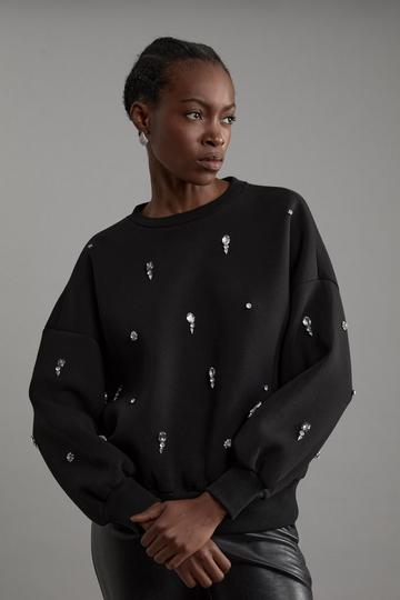 Embellished Balloon Sleeve Scuba Sweatshirt black