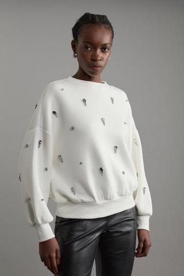 Embellished Balloon Sleeve Scuba Sweatshirt ivory