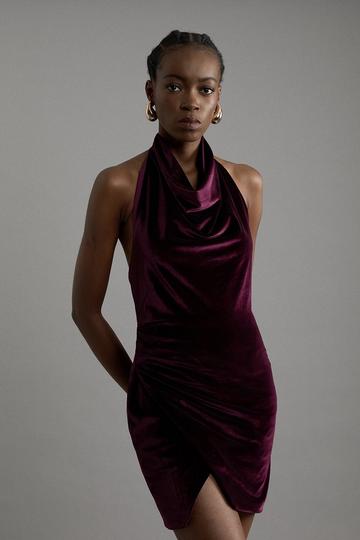 Stretch Velvet Halter Neck Mini Dress plum