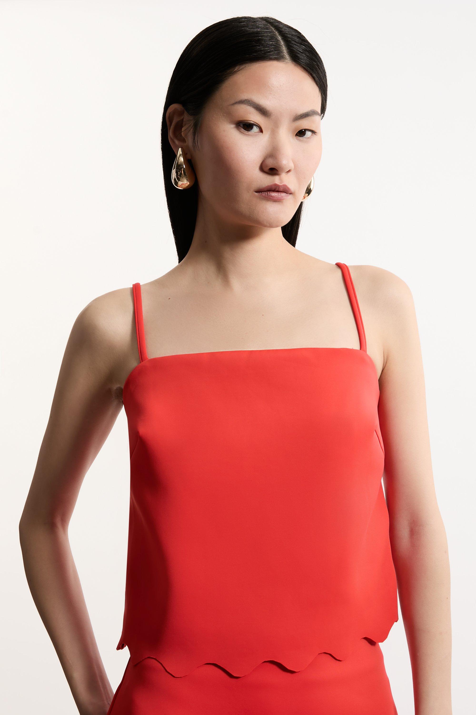 Red Scuba Scallop Hem Woven Cropped Camisole