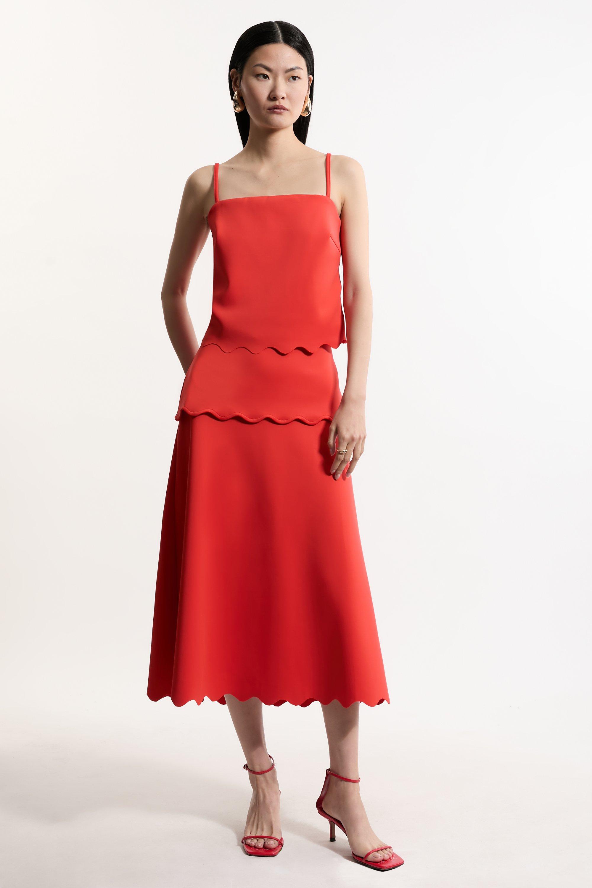 Red Scuba Scallop Hem Woven Midi Skirt