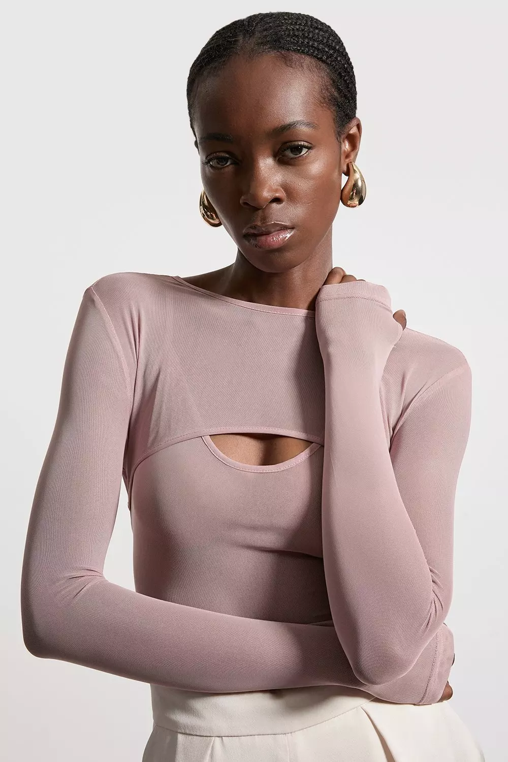 Blush Double Layered Cut Out Mesh Bodysuit   alternative image