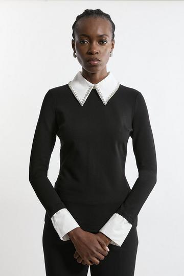 Ponte Embellished Contrast Collar Fitted Top mono