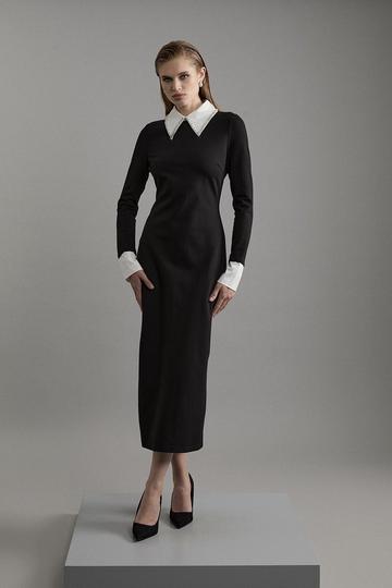 Petite Ponte Embellished Contrast Collar Fitted Maxi Dress mono