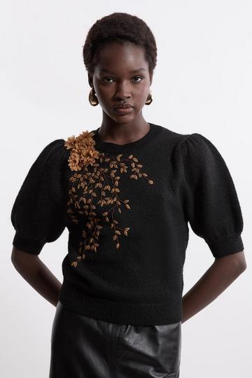 Flower And Beaded Puff Sleeve Knit Tee black