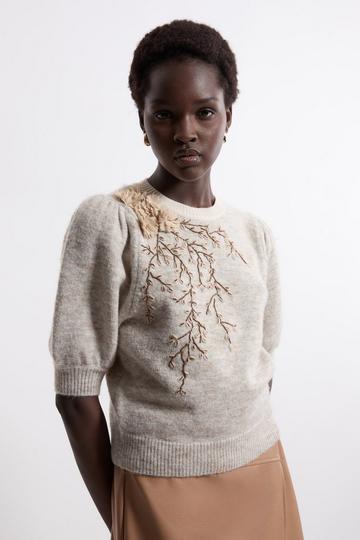 Flower And Beaded Puff Sleeve Knit Tee ivory