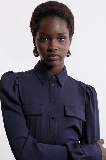 Georgette Crepe Collared Woven Shirt navy