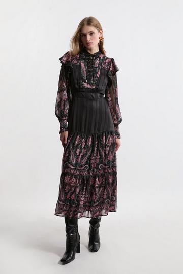 Petite Boho Floral Woven Midaxi Dress With Lace Front Detail floral