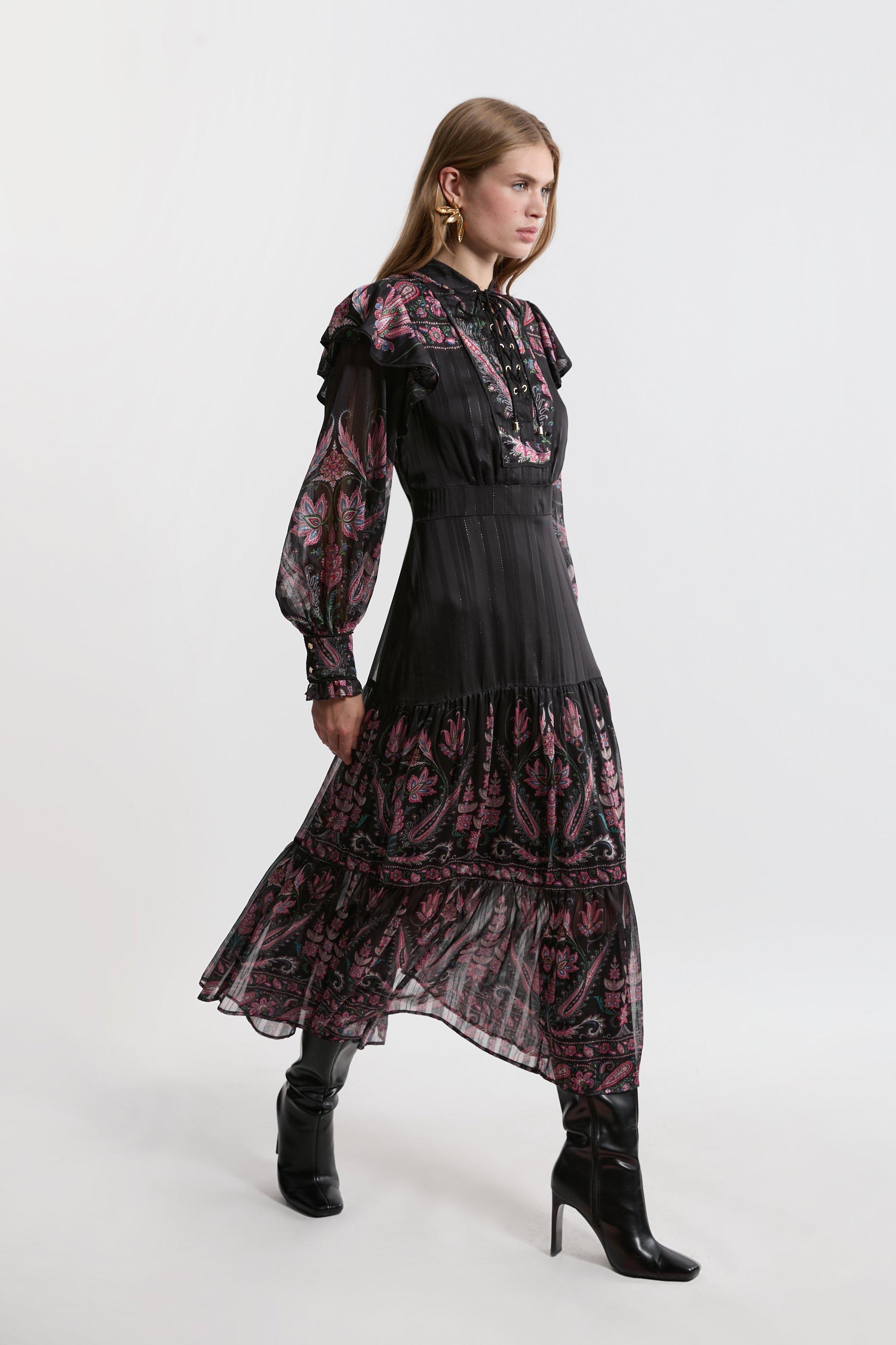 Boho Floral Woven Midaxi Dress With Lace Front Detail