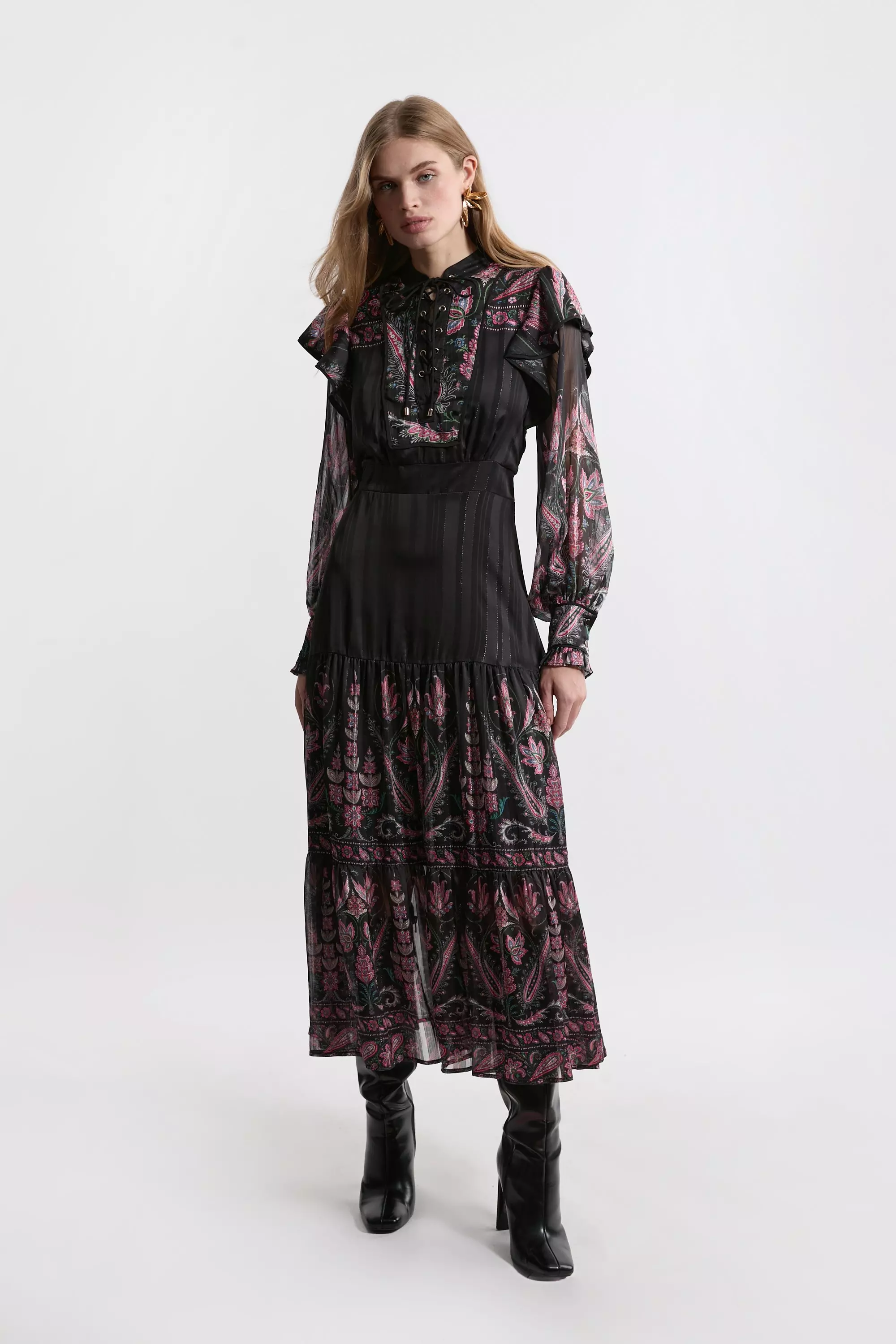 Boho Floral Woven Midaxi Dress With Lace Front Detail