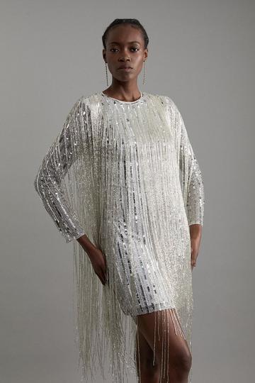 Silver Embellished And Beaded Tassel Woven Mini Dress