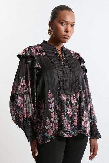 Plus Size Boho Floral Woven Blouse With Lace Front Detail floral