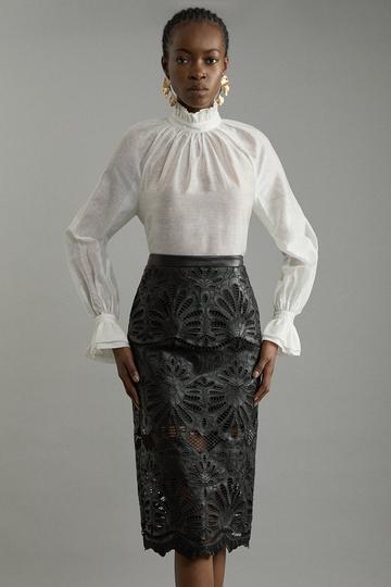 Cutwork Pu Tailored Midi Skirt